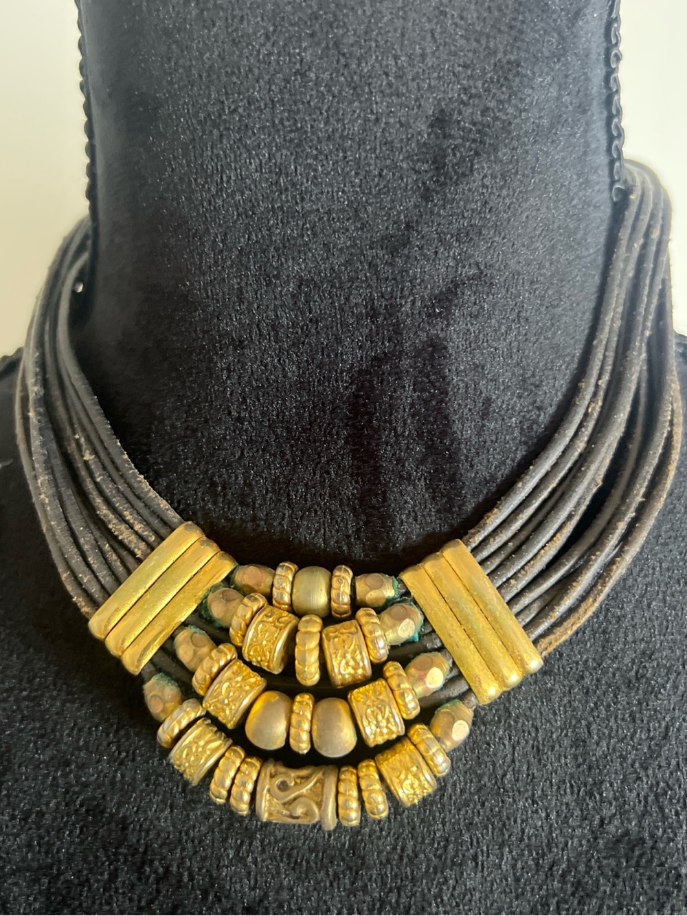 Boho Multi-Strand Black Necklace with Antique Gold Beads
